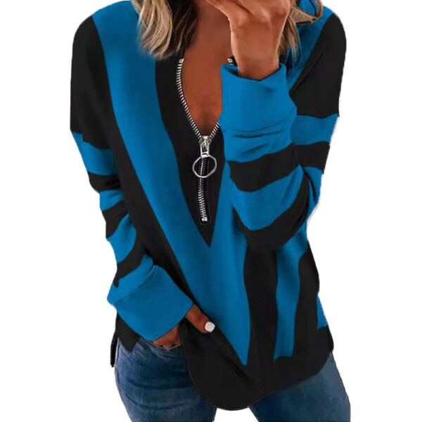 Printed Long Sleeve V-Neck Zip Casual Loose Sweatshirt - Image 5