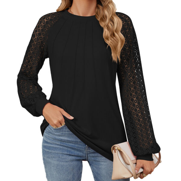 New Lace Long Sleeve Round Neck T-shirt Fashion Loose Solid Color Pullover Top For Womens Clothing - Image 7