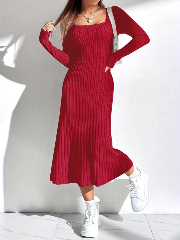 Thread Knitted Sunken Stripe Long Sleeve Big Hem Dress - Image 2