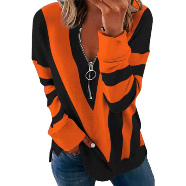 Printed Long Sleeve V-Neck Zip Casual Loose Sweatshirt - Image 2