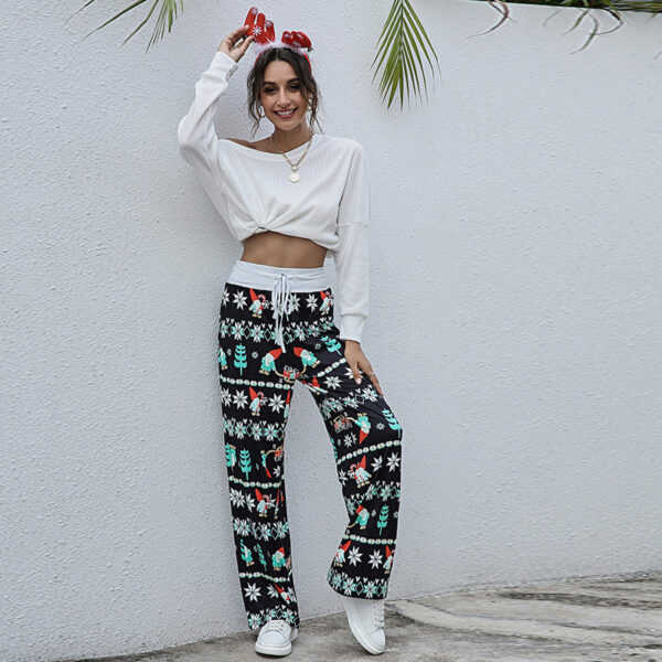 Christmas Print Pants Women Fashion Casual Drawstring Trousers With Christmas Snowflake Tree Elk Print - Image 3