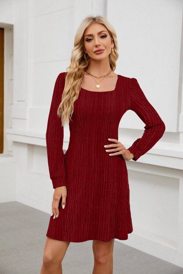 Woman Square-neck Lantern Sleeve Pocket Long Sleeve Dress - Image 8