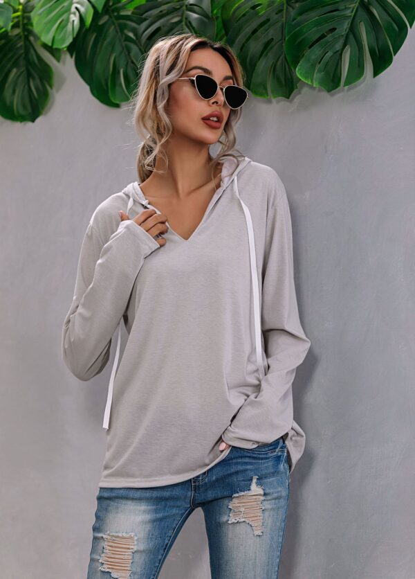 Drawstring V-neck Fleece Bottoming Shirt Hooded Sweatshirt - Image 5