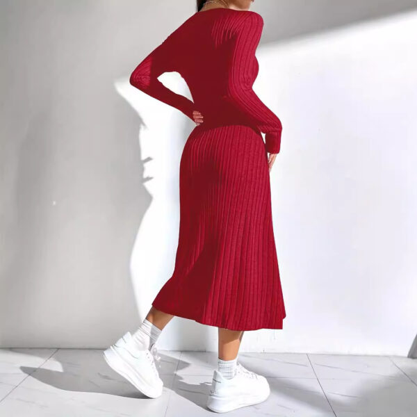 Thread Knitted Sunken Stripe Long Sleeve Big Hem Dress - Image 5