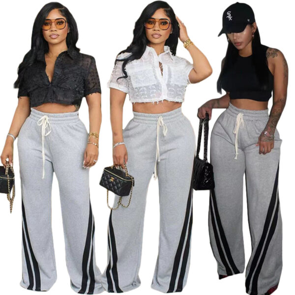 Versatile Contrast Color Diagonal Striped Waist-tight Sweatpants - Image 3