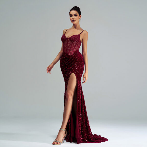 Spaghetti Straps Sleeveless Sequined High Slit Evening Dress - Image 2