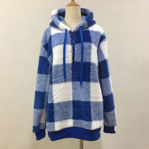 Fashion Plaid Hooded Sweatshirt With Pockets Casual Zipper Plush Tops For Womens Clothing - Image 5