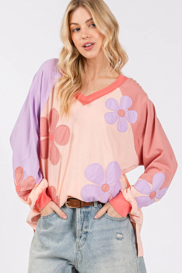 SAGE  FIG Full Size  Applique Patch Color Block Long Sleeve Top - Image 2