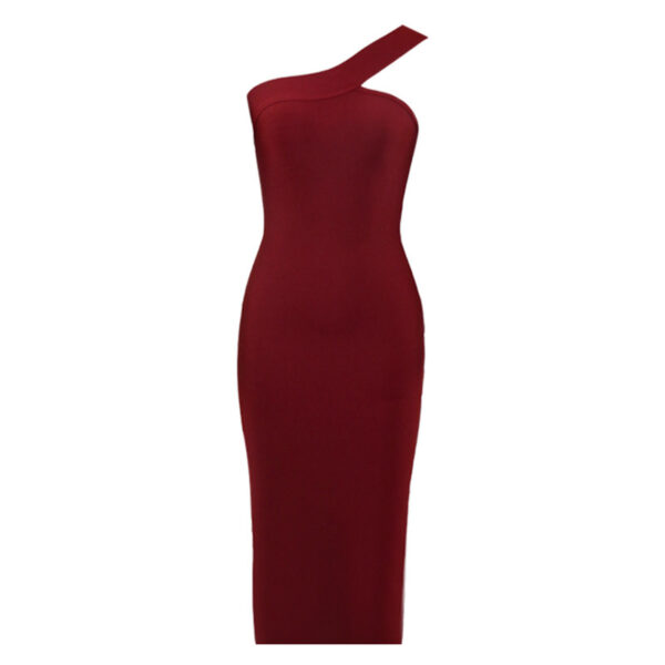 Irregular One Shoulder Temperament Elastic Bandage Long Banquet Mini Dress - Image 4