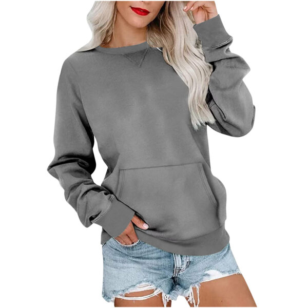 Solid Color Pullover Sweatshirt With Pocket Fashion Loose Round Neck Long Sleeves Top Womens Clothing - Image 2