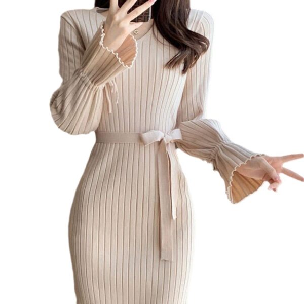 Bell Sleeve Solid Color Knitted Dress Autumn And Winter - Image 6
