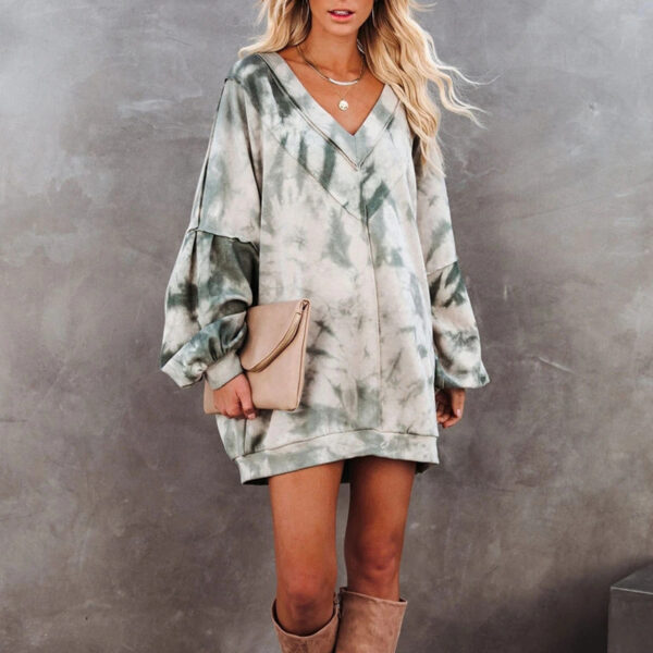 Tie-Dye Printed Long-Sleeved V-Neck Loose Casual Home Sweater - Image 6