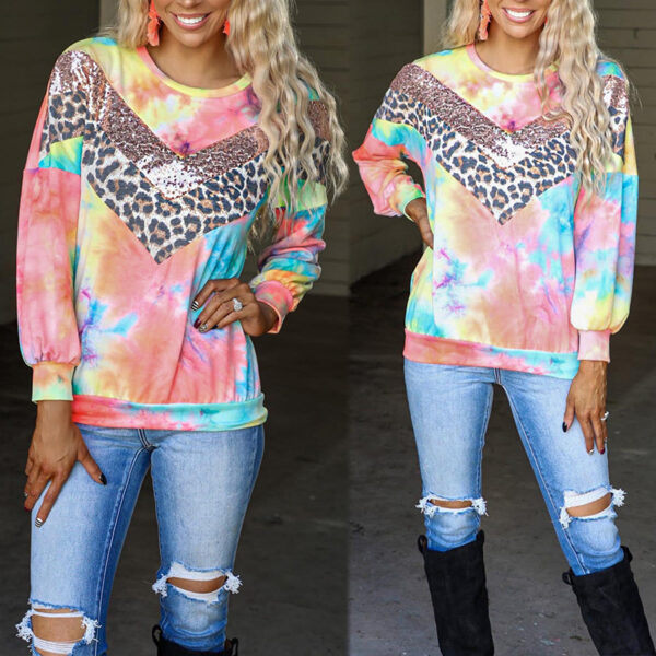 Tie-Dye Printed Leopard Print Stitching Long-Sleeved Loose Sweater