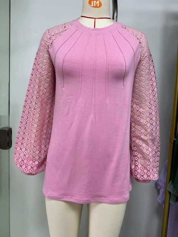 New Lace Long Sleeve Round Neck T-shirt Fashion Loose Solid Color Pullover Top For Womens Clothing - Image 8