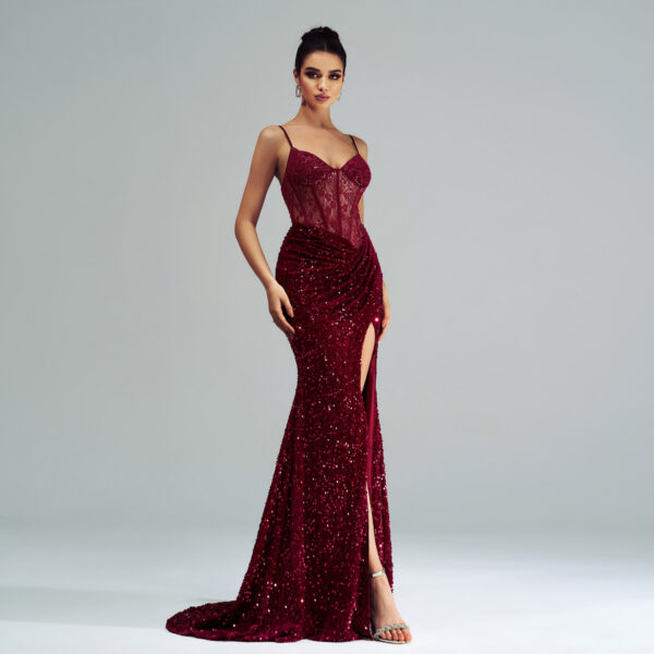 Spaghetti Straps Sleeveless Sequined High Slit Evening Dress - Image 3