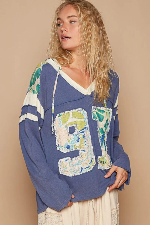 POL Exposed Seam Number Patch V-Neck Hooded Top - Image 3