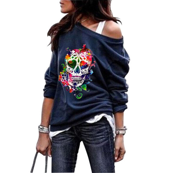 European And American Round Neck Sweater Women's Skull Print Halloween Top - Image 3