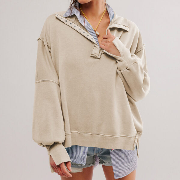 Fashion Button Lapel Sweatshirt With Slit Design Casual Sports Lantern Sleeve Pullover Top Sportswear For Womens Clothing - Image 2