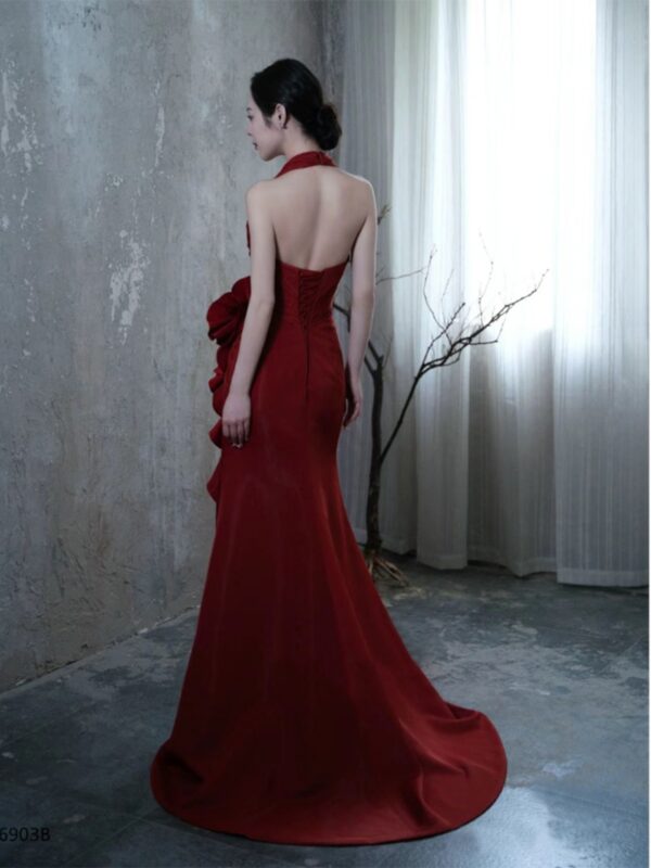 Socialite Style Wine Red Elegant Halter Bride Wedding Toast Dress - Image 8