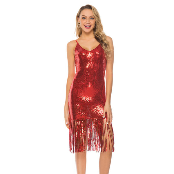 Deep V-Neck Sequined Fringed Backless Slip Dress - Image 10