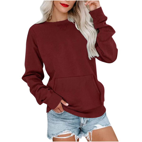 Solid Color Pullover Sweatshirt With Pocket Fashion Loose Round Neck Long Sleeves Top Womens Clothing - Image 6
