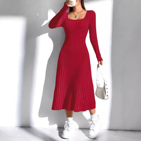 Thread Knitted Sunken Stripe Long Sleeve Big Hem Dress - Image 7