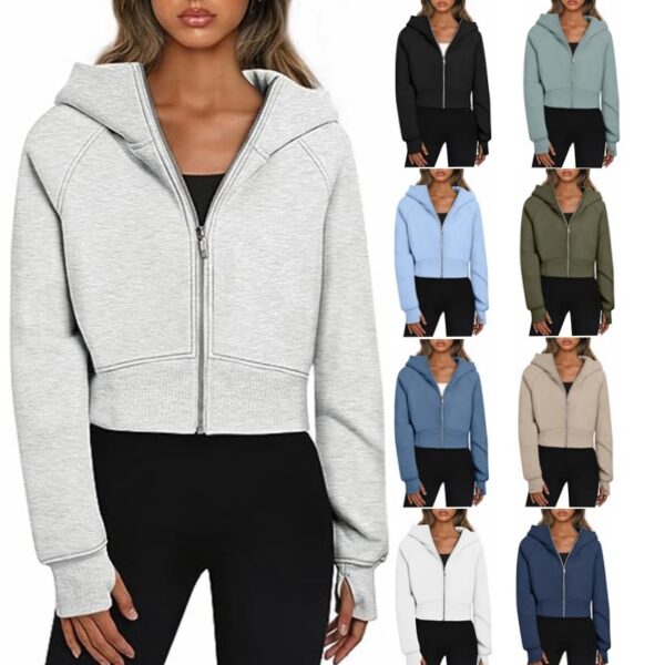 Casual Zippered Hooded Sweatshirt Fleece Sport Cardigan Fashion Hoodies Short Tops Womens Clothing - Image 7
