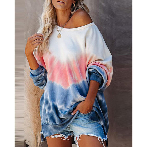Women Printed Contrast Color Long-Sleeved Casual Loose Sweater - Image 2