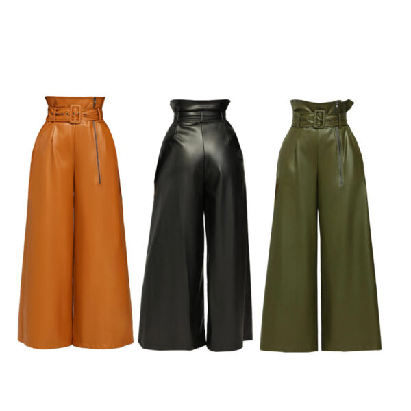 High Waist PU Leather Pants Metal Belt Wide Leg Trousers - Image 2