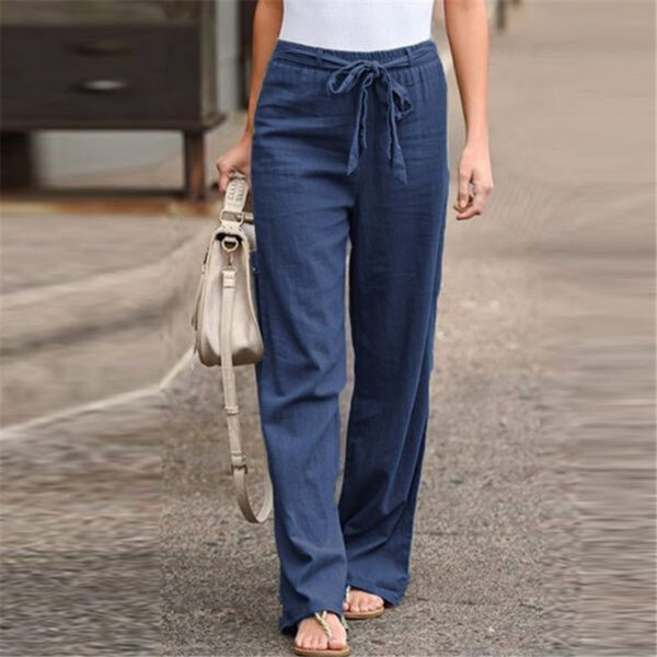 European And American Cotton And Linen Casual Wide-leg Pure Color Elastic Waist Lace-up Loose Women's Trousers - Image 8