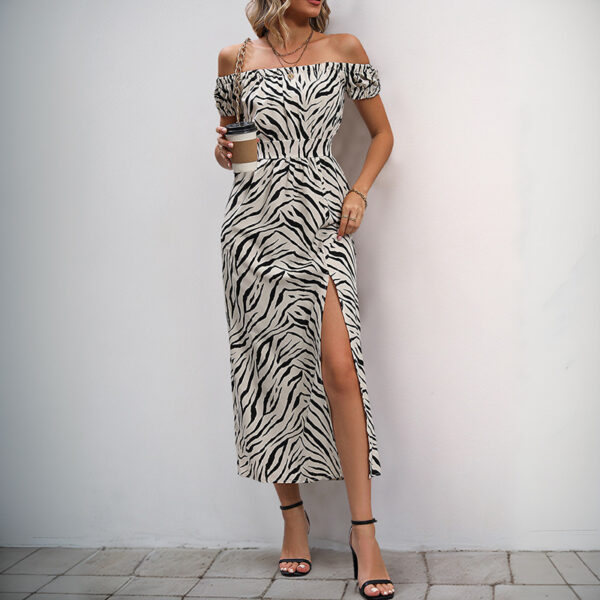 Mid-length Split Striped Off-shoulder Dress