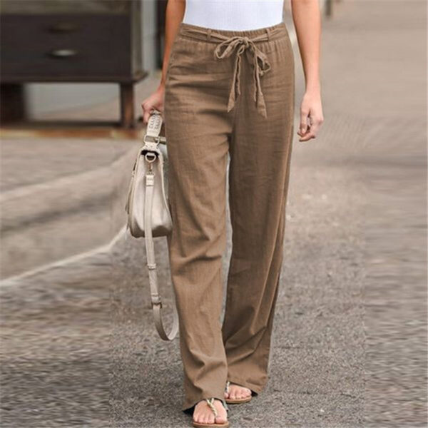 European And American Cotton And Linen Casual Wide-leg Pure Color Elastic Waist Lace-up Loose Women's Trousers - Image 3