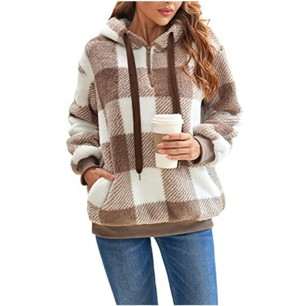 Fashion Plaid Hooded Sweatshirt With Pockets Casual Zipper Plush Tops For Womens Clothing - Image 6