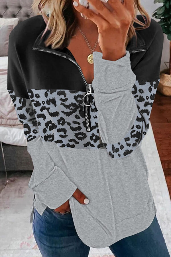Women's Loose All Match Colorblock Long Sleeve Leopard Print Sweatshirt - Image 4