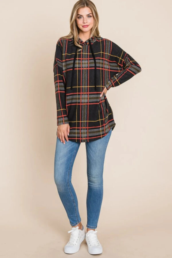 BOMBOM Drawstring Plaid Long Sleeve Hoodie - Image 2