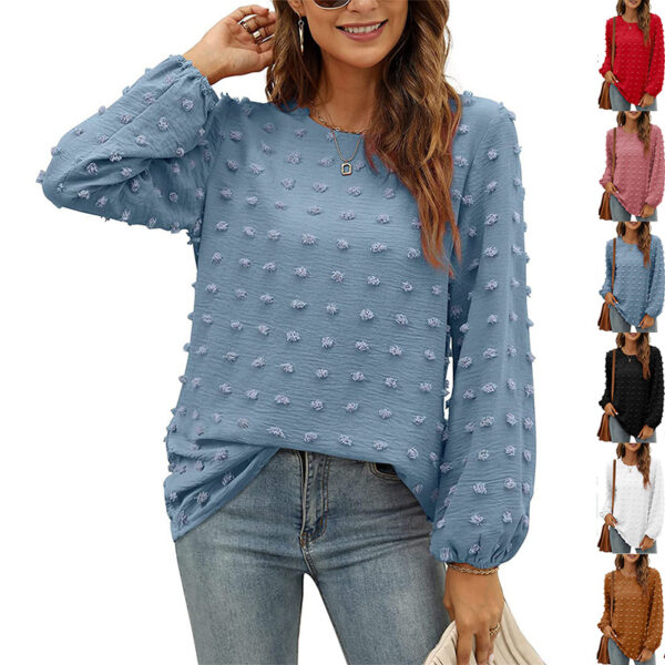 Fashion Jacquard Long-sleeved Round Neck T-shirt Casual Loose Pullover Top Womens Clothing - Image 2