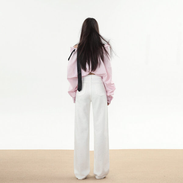 Winter Trend Rhinestone White Soft Wide Leg Mopping Jeans Trousers Lengthened - Image 9