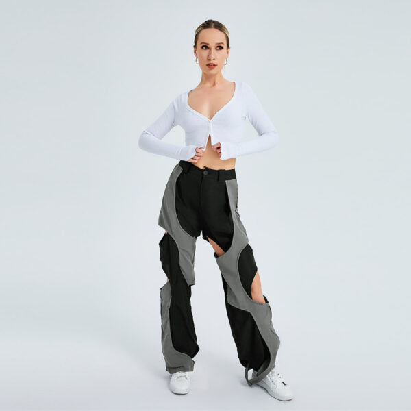 Sports Fashion High Waist Lace-up Color Contrast Breasted Loose Casual Woven Pants - Image 3