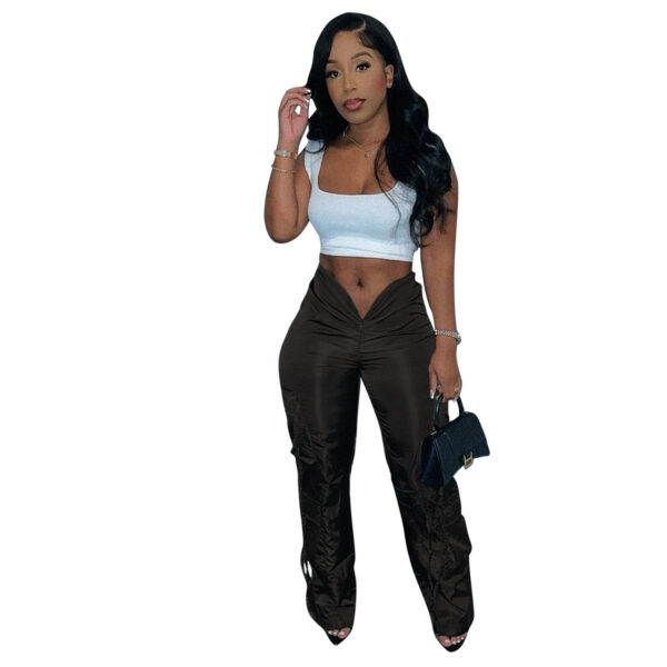Women's Zipper Closure Strap Solid Color Green Casual Trousers - Image 9