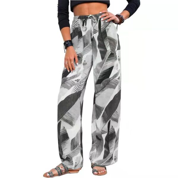 Fashion Drawstring Leaf Print Beach Pants Summer Casual Loose Wide Leg Straight Trousers Womens Clothing - Image 3