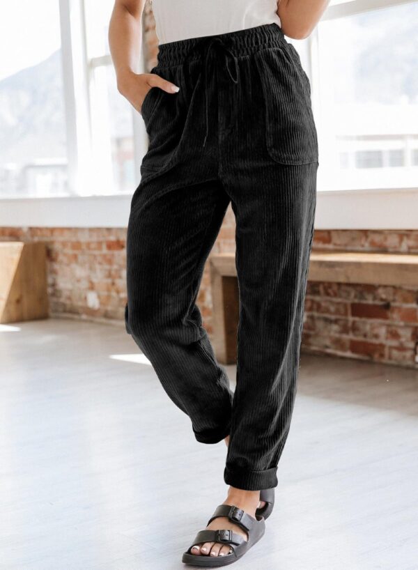 Corduroy Trousers For Women Casual Fashion Solid Color Elastic Waist Wide Leg Pants With Pockets - Image 3