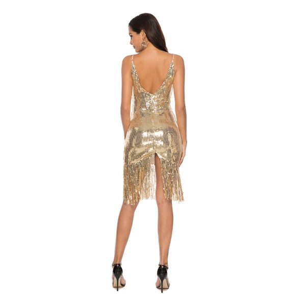 Deep V-Neck Sequined Fringed Backless Slip Dress - Image 8