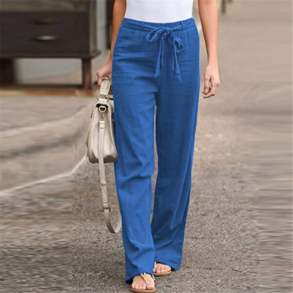 European And American Cotton And Linen Casual Wide-leg Pure Color Elastic Waist Lace-up Loose Women's Trousers - Image 10