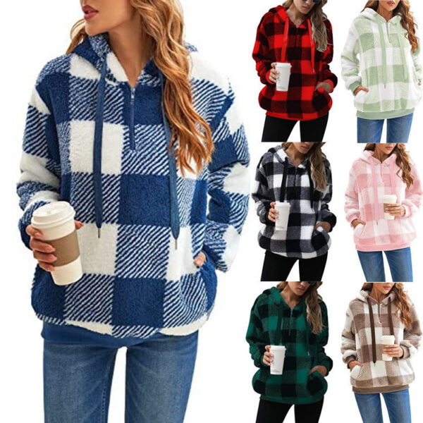 Fashion Plaid Hooded Sweatshirt With Pockets Casual Zipper Plush Tops For Womens Clothing - Image 4