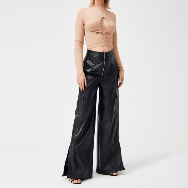 Fashion PU Trousers Metal Zipper Pocket Long Pants - Image 2