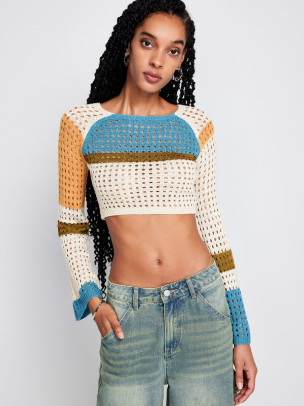 2023 Contrasting Color Stitching Long -sleeved Hollow Sweater Short Waist Knit Sweater - Image 7