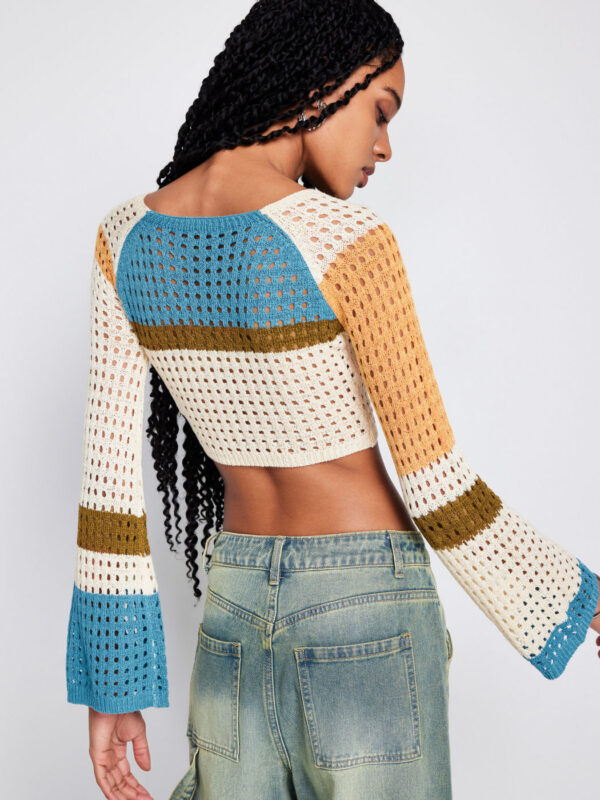 2023 Contrasting Color Stitching Long -sleeved Hollow Sweater Short Waist Knit Sweater - Image 8