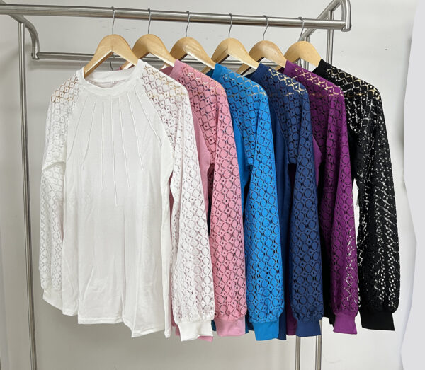New Lace Long Sleeve Round Neck T-shirt Fashion Loose Solid Color Pullover Top For Womens Clothing - Image 9