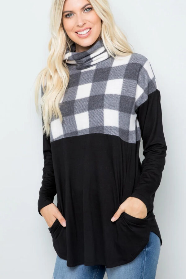 Celeste Full Size Pocketed Plaid Turtleneck Long Sleeve Blouse - Image 3