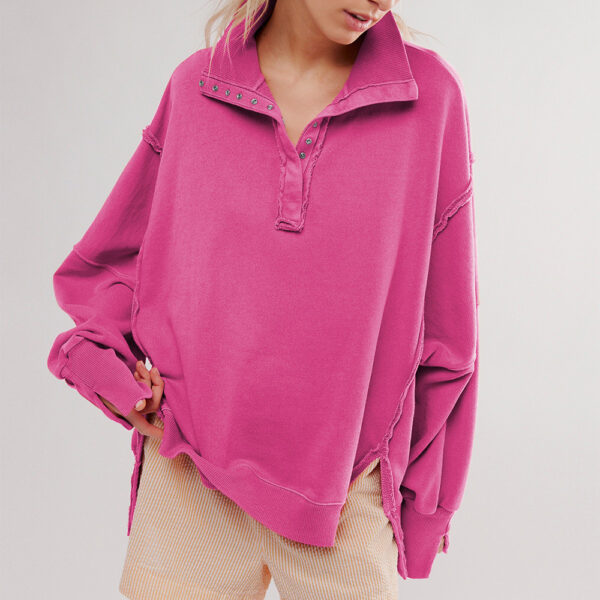 Fashion Button Lapel Sweatshirt With Slit Design Casual Sports Lantern Sleeve Pullover Top Sportswear For Womens Clothing - Image 3